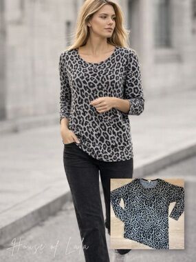 Laura Black and Gray Animal Print Long Sleeve Top